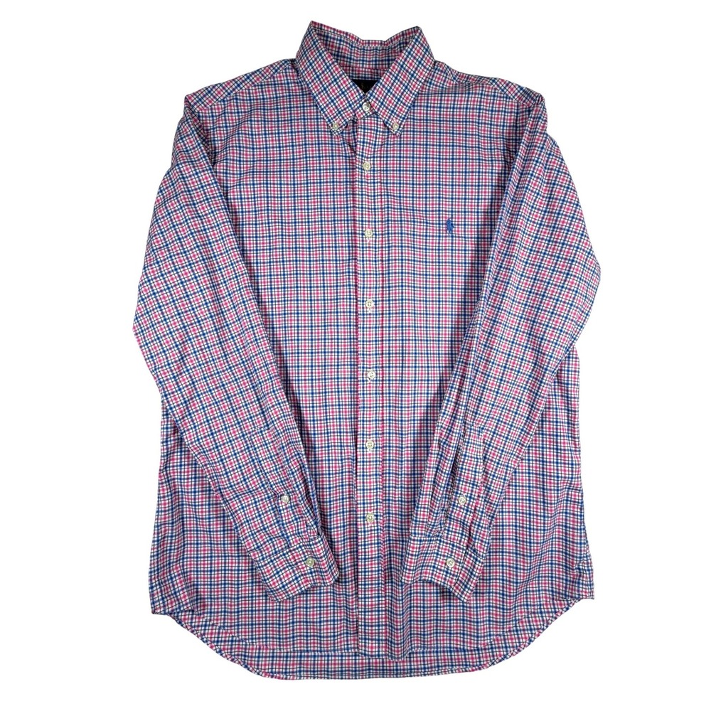 Ralph Lauren Mens L Large Classic Fit Button Down Shirt Pink Blue Check Plaid